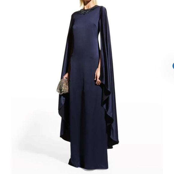Rickie Freeman For Teri Jon Beaded Cape-Sleeve Satin Gown in Navy - Size 2 - Picture 1 of 14